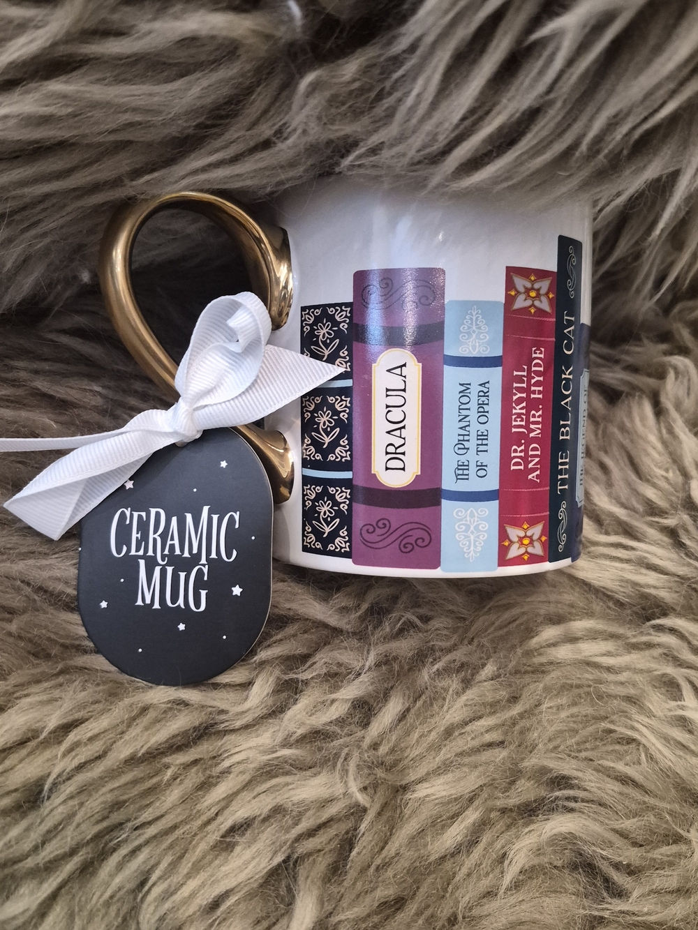 Classic Book-Spine Ceramic Mug with Gold Handle - White, Purple, Red, Black